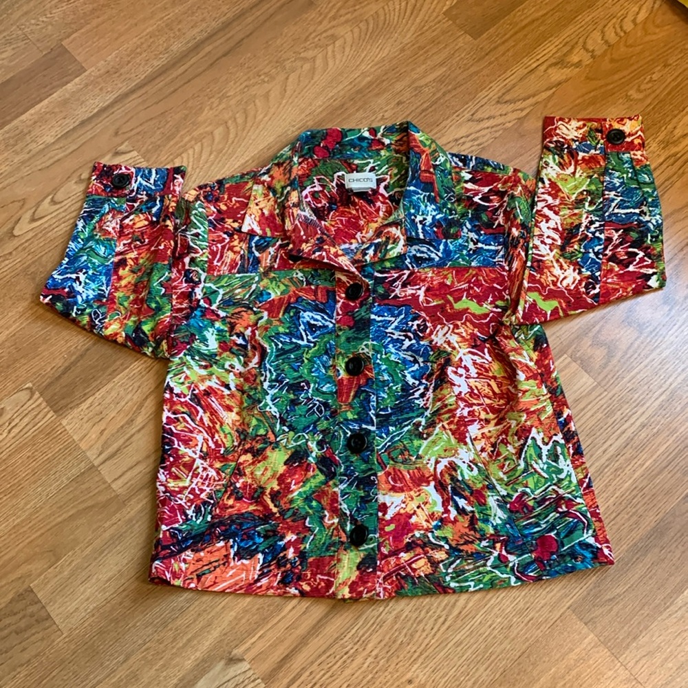 Chico’s wearable art abstract floral multicolored 3/4 sleeve blazer. Size 1.